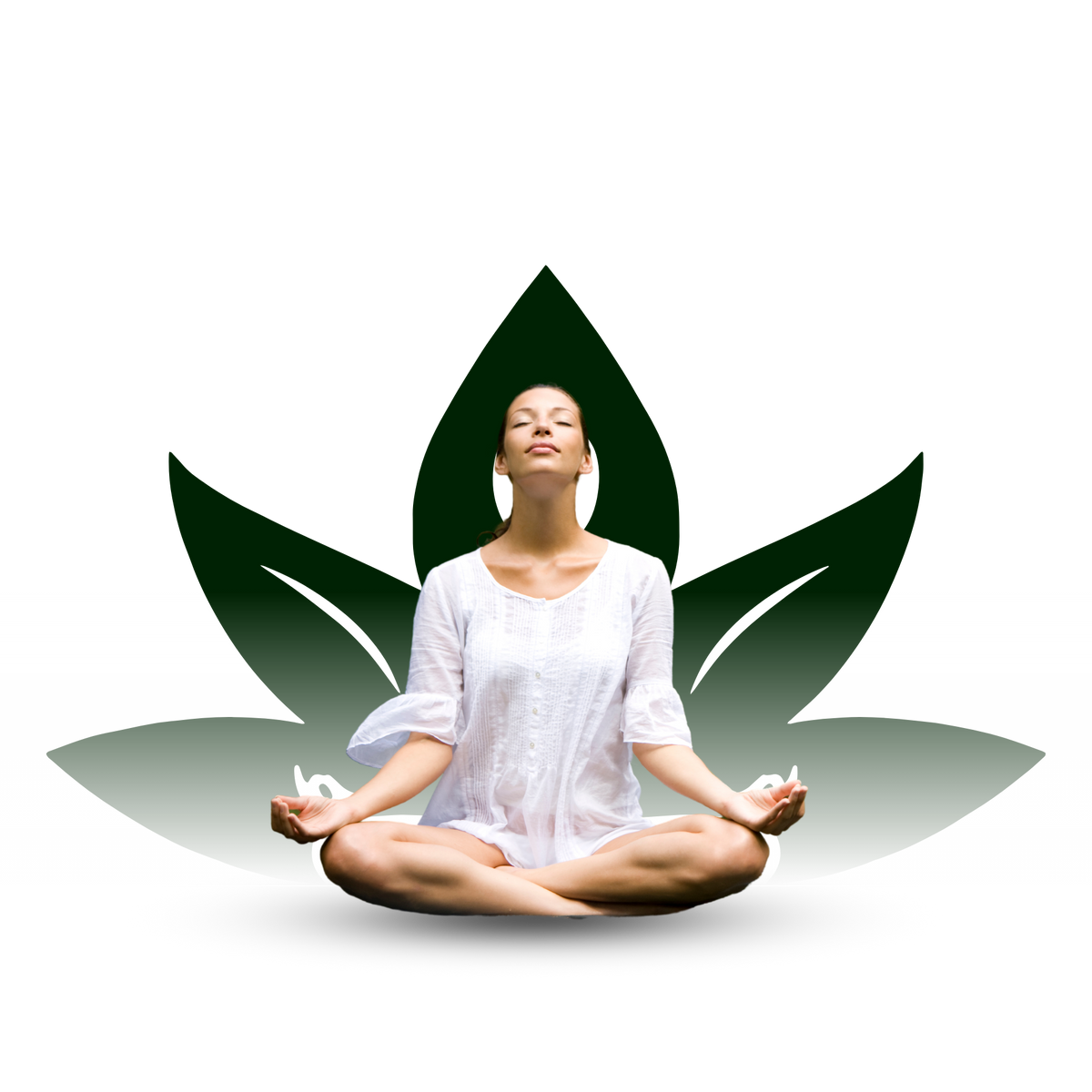 A woman in a white top sits cross-legged in a meditative pose, centered in front of a large dark green lotus leaf graphic on a white background.